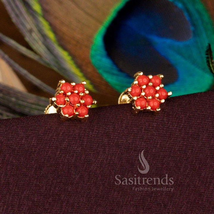 Handmade Micro Gold Plated Pearl Pavalam Floral Screw Type Stud Earrings - Sasitrends