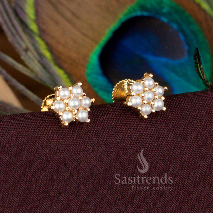 Handmade Micro Gold Plated Pearl Pavalam Floral Screw Type Stud Earrings - Sasitrends