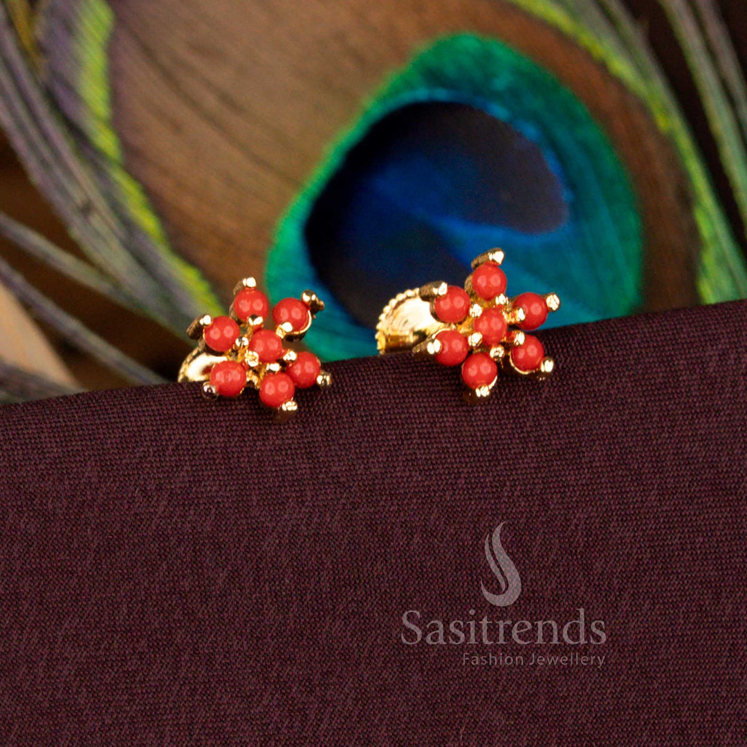 Micro Gold Plated Pearl Pavalam Six Petal Floral Stud Earrings with Screw Back by Sasitrends