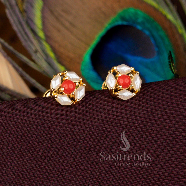 Real Gold Look Micro Gold Plated Pearl Pavalam Hexa Floral Screw Type Stud Earrings