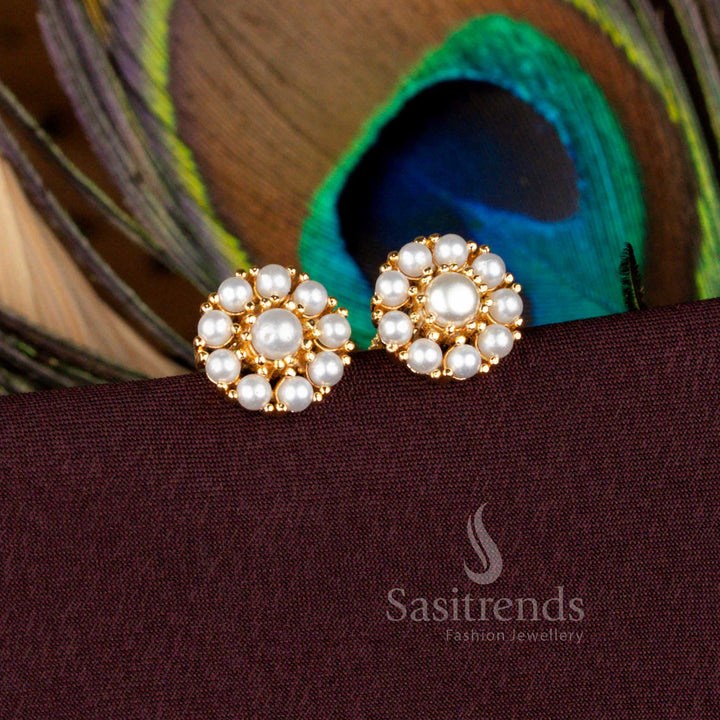 \Micro Gold Plated Pearl Round Cluster Stud Earrings with Screw Back by Sasitrends