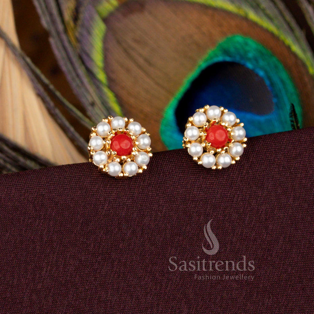 Traditional Round Cluster Earrings with Pearls and Pavalam Stones in Gold Finish