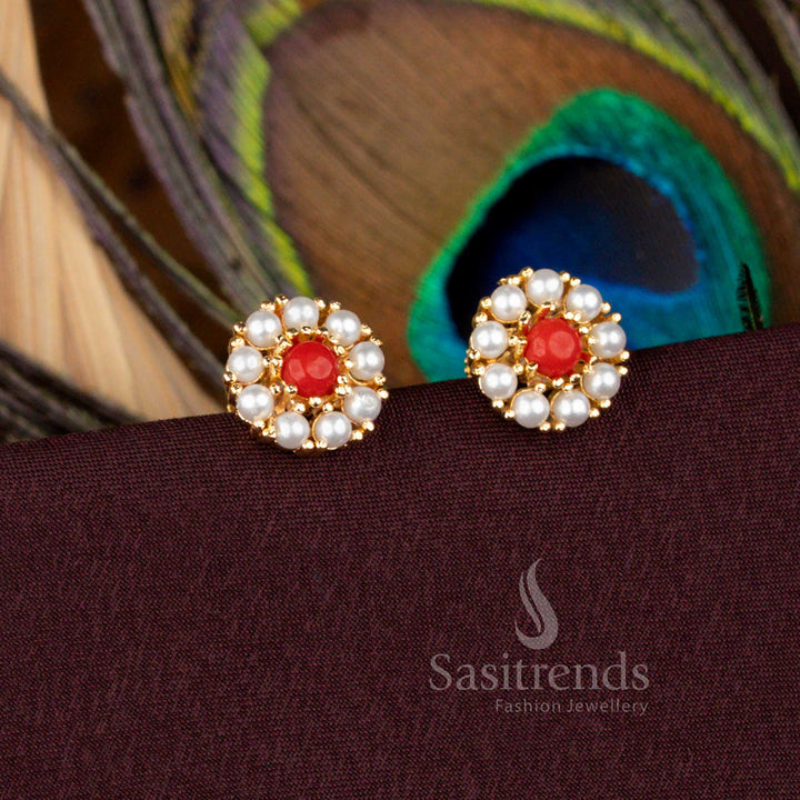 Traditional Round Cluster Earrings with Pearls and Pavalam Stones in Gold Finish