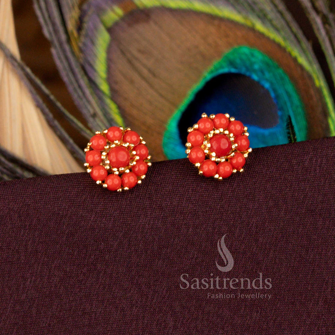 Traditional Round Cluster Earrings with Pavalam Stones in Gold Finish