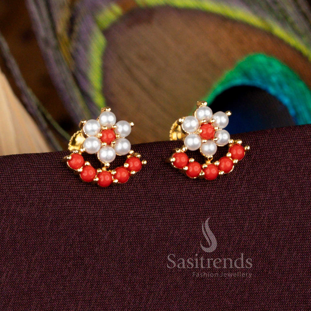 Traditional Floral and Half-Moon Earrings with Pearls and Pavalam Stones in Gold Finish