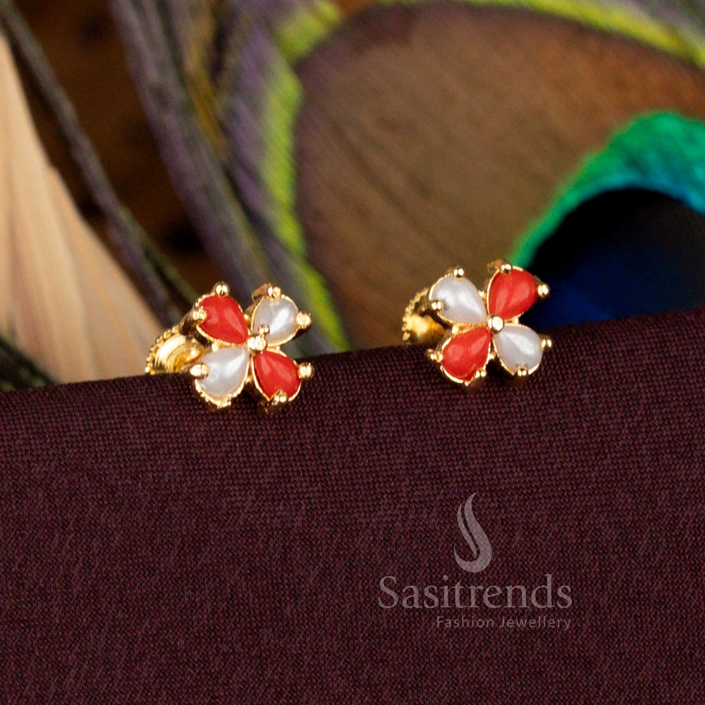 Traditional Four Petal Floral Earrings with Pearls and Pavalam Stones in Gold Finish