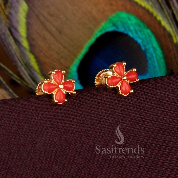 Traditional Four Petal Floral Earrings with  Pavalam Stones in Gold Finish