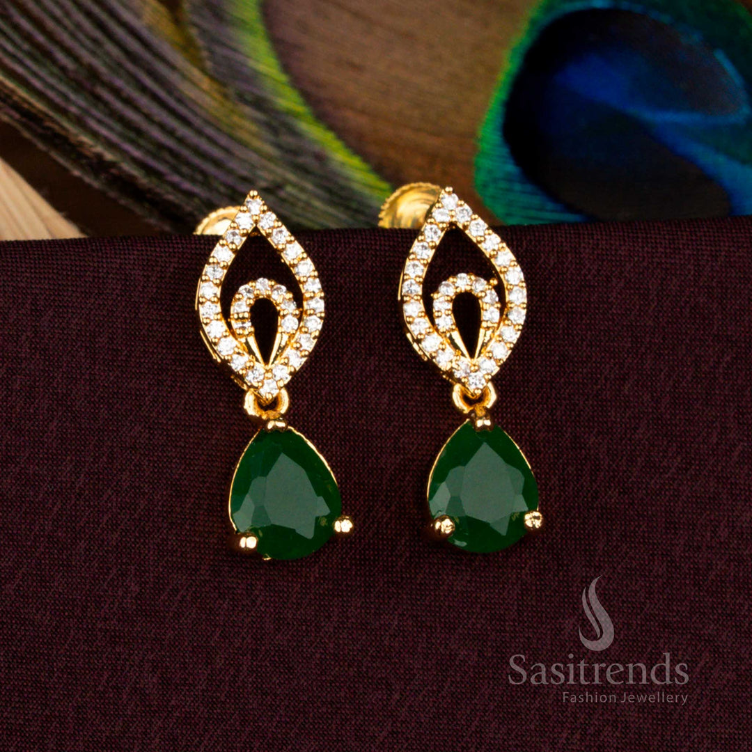 Majestic micro gold screw type AD stud earrings in teardrop design offering real gold brilliance for cultural functions and bridal attire - Sasitrends