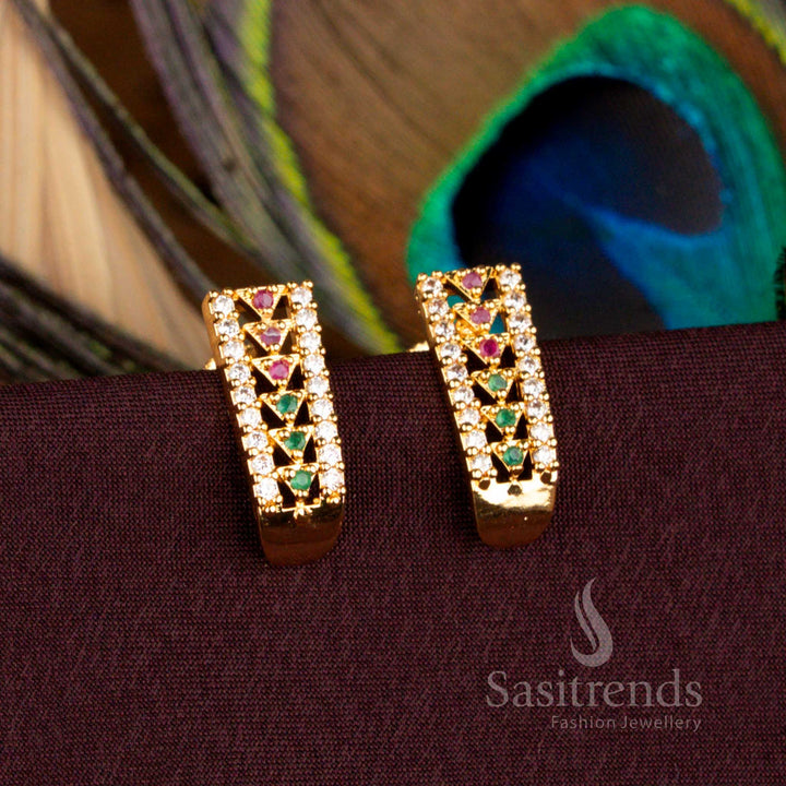 Guaranteed One Gram Micro Gold Plated AD Stone Rectangle Screw Type Stud Earrings