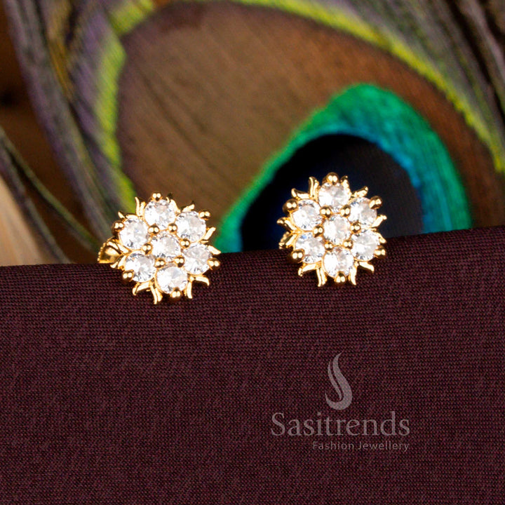 Beautiful One Gram Micro Gold Plated AD Stone Floral Cluster Screw Type Stud Earrings For Festive Wear