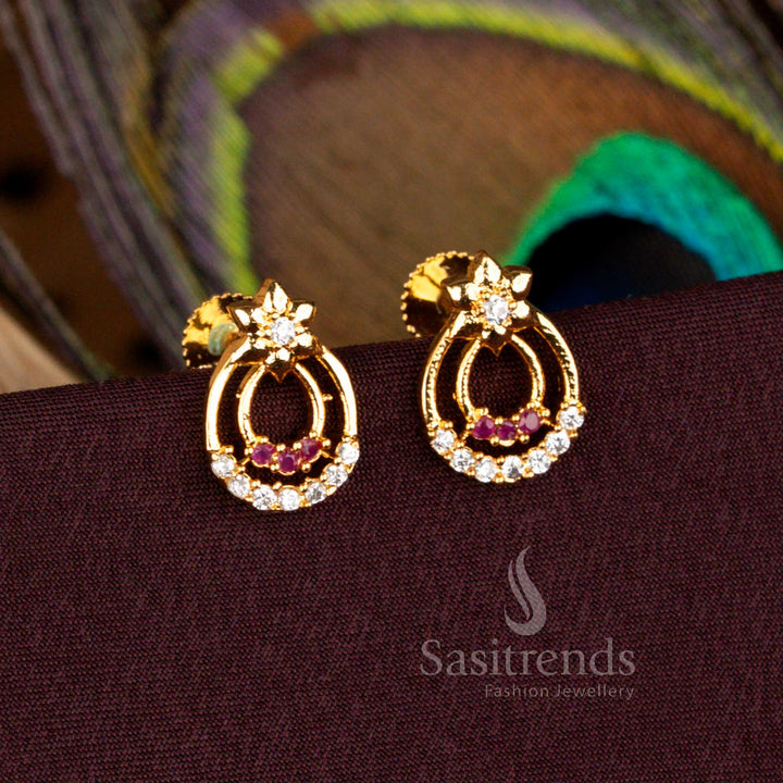 24K Micro Gold Plated AD Stone Double Hoop Floral Screw Type Stud Earrings