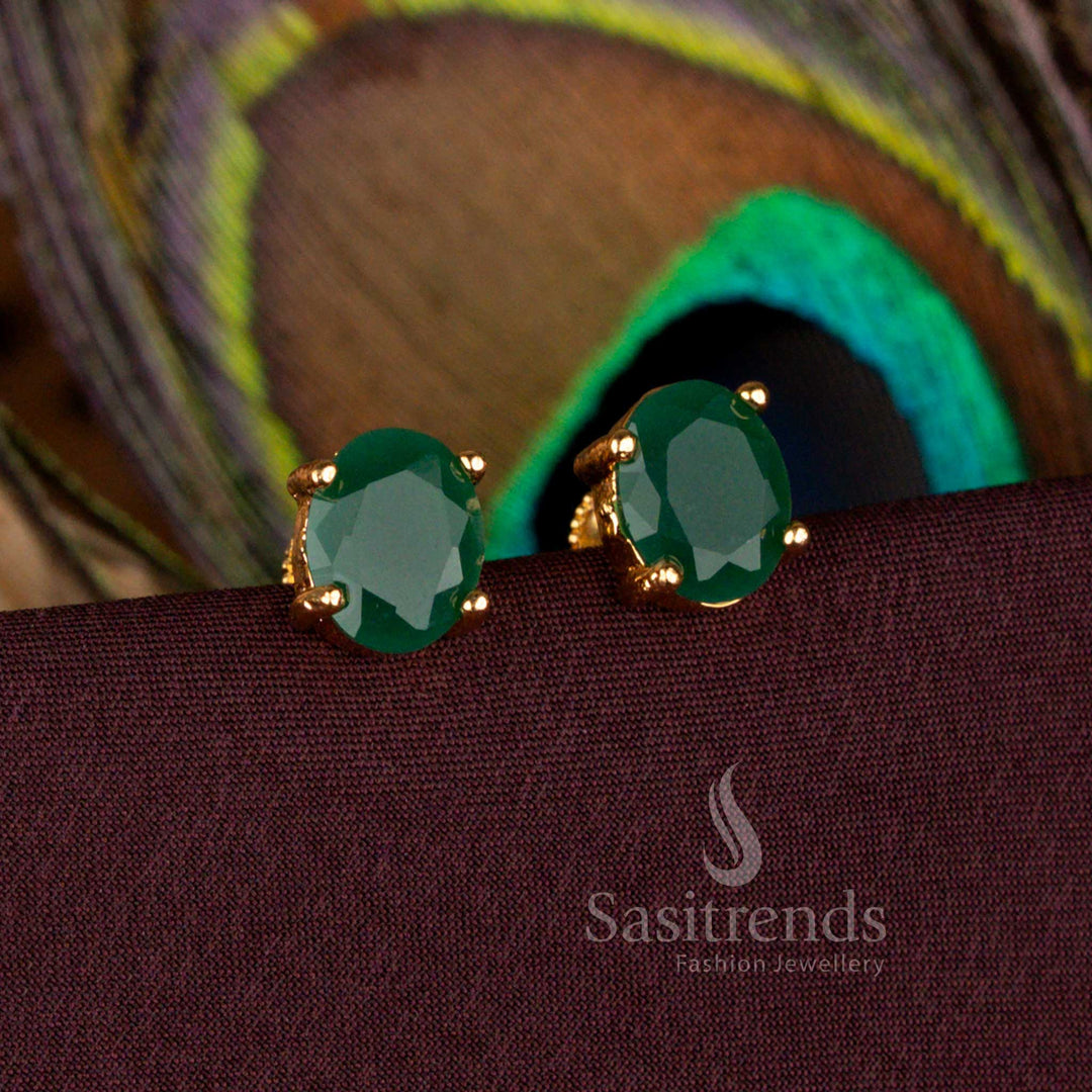 Oval Designer Green Stone Stud Earrings Micro Gold Plated Screw Type Setting With 24K Carat Pure Gold Finish – Sasitrends