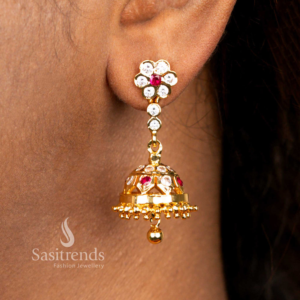 Impon Addigai One Gram Micro Gold Plated White Ruby Ad Stone Floral Jhumka Earrings - Sasitrends