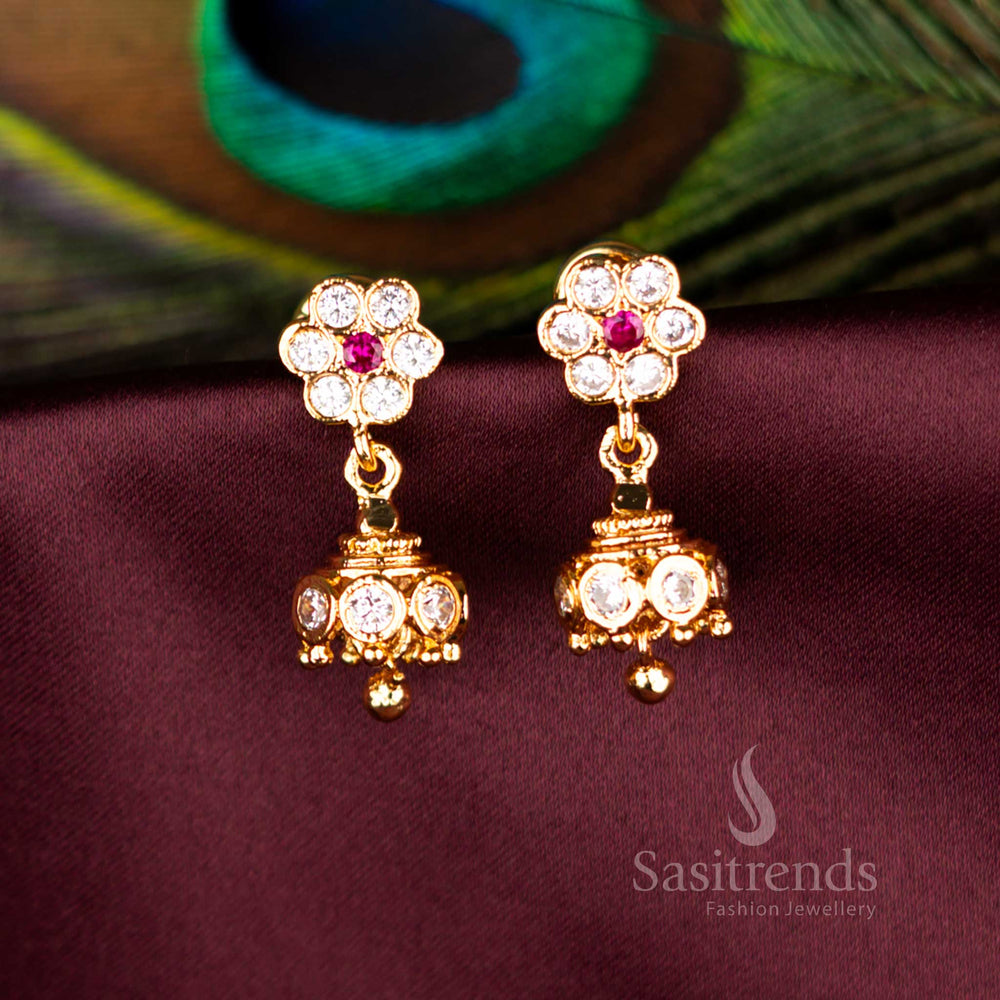 Charming Impon Pink Stone Jhumka Earrings Traditional Real Gold Look Micro Gold Plated 2669D Sasitrends