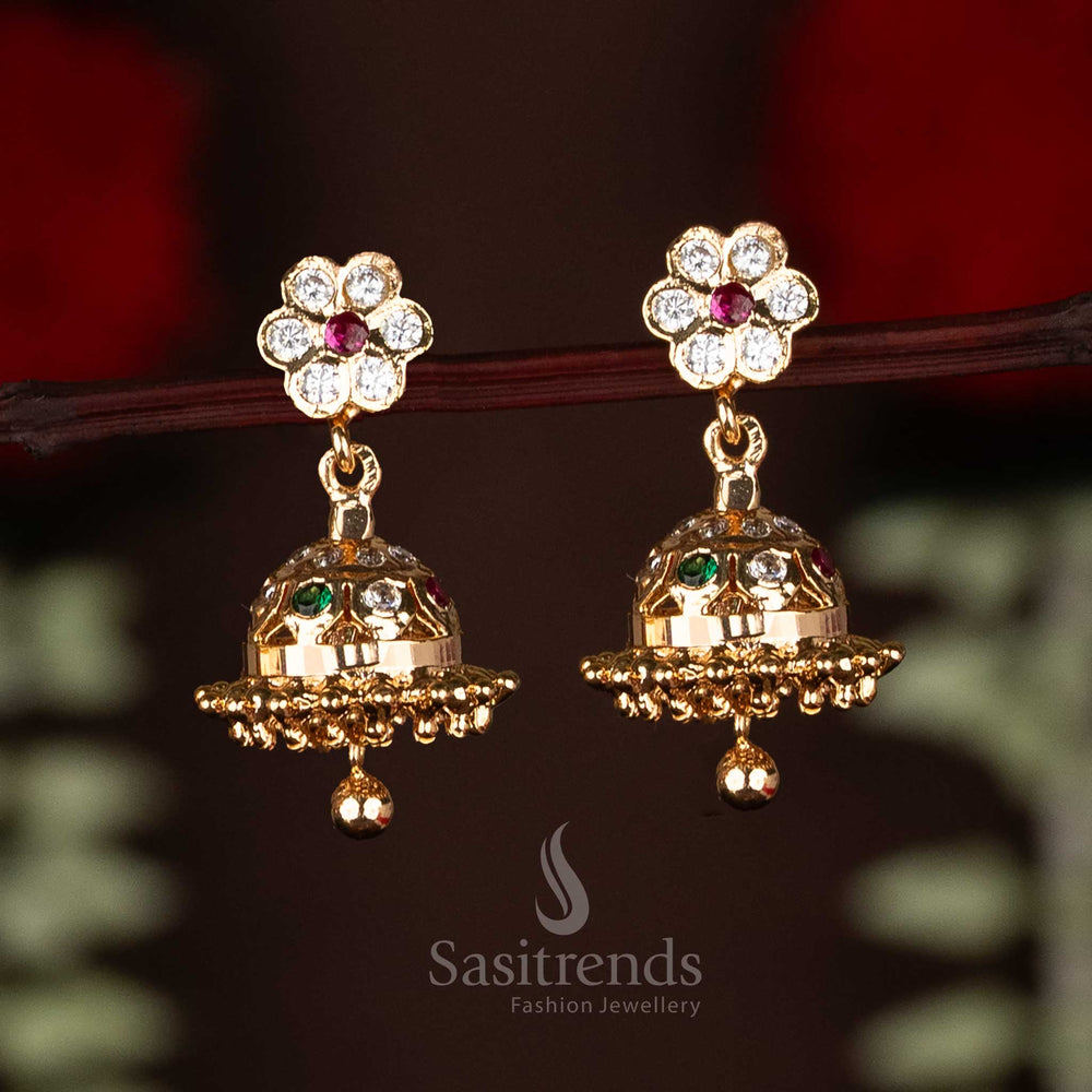 Premium Micro Gold Plated AD Stone Floral Jhumka Earrings for Gifting Loved Ones
