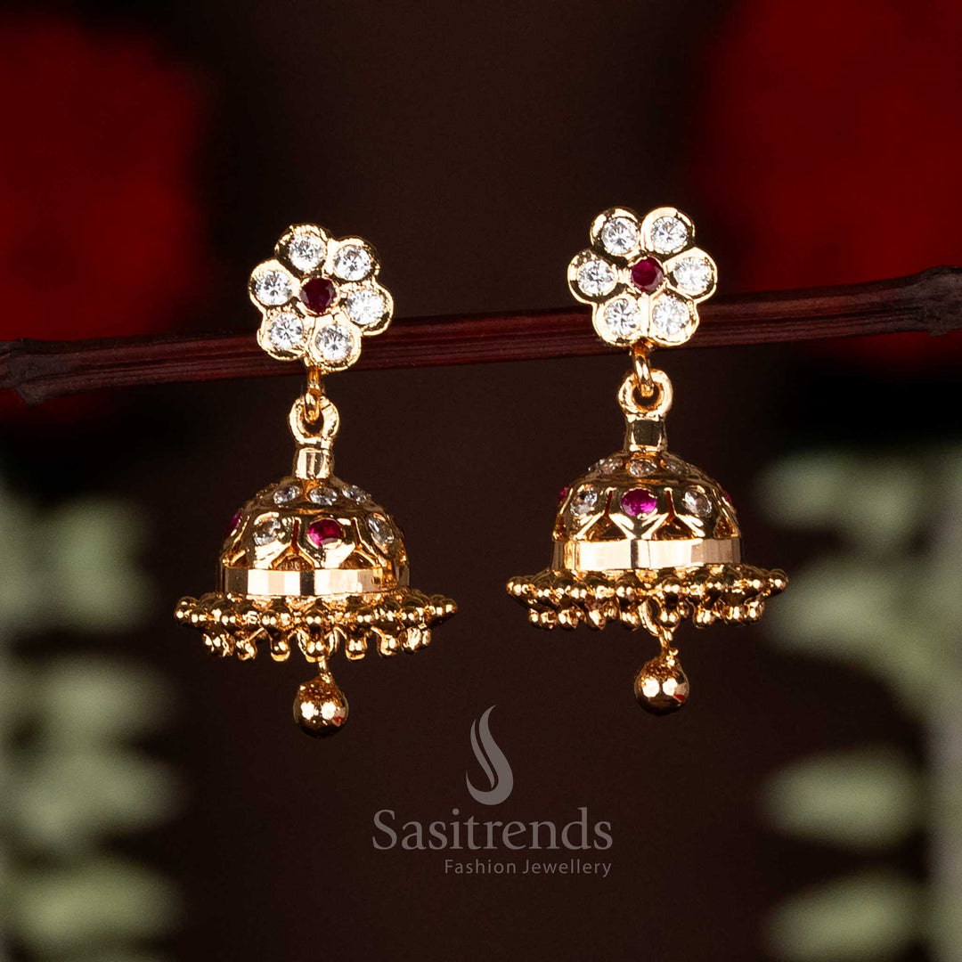 Sasitrends Impon Addigai Micro Gold Plated AD Stone Floral Top Jhumka Earrings – Guaranteed Traditional Look