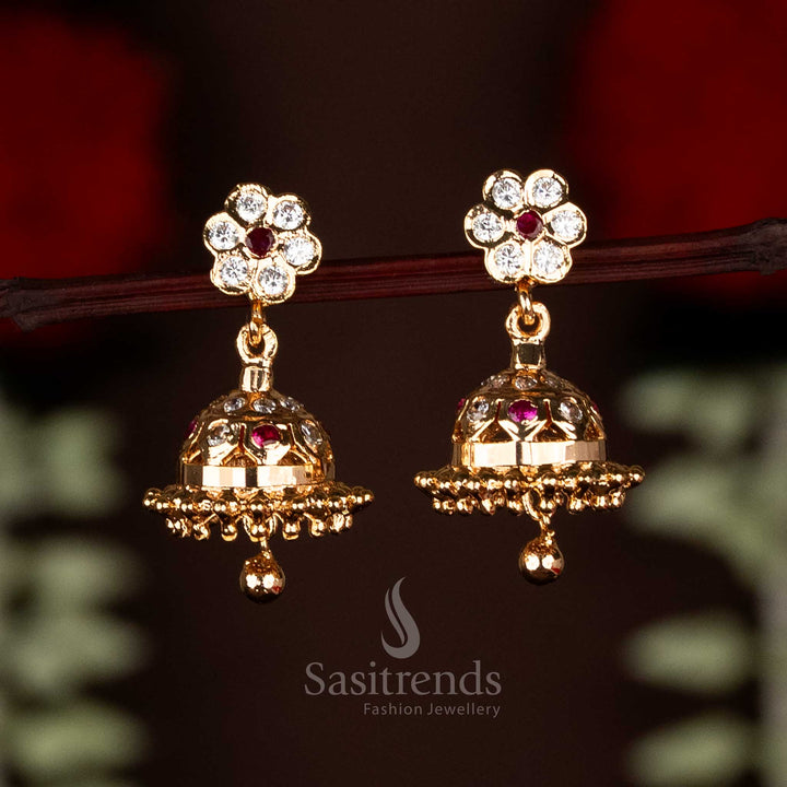 Guaranteed Traditional Impon Addigai Micro Gold Plated AD Stone Floral Top Jhumka Earrings