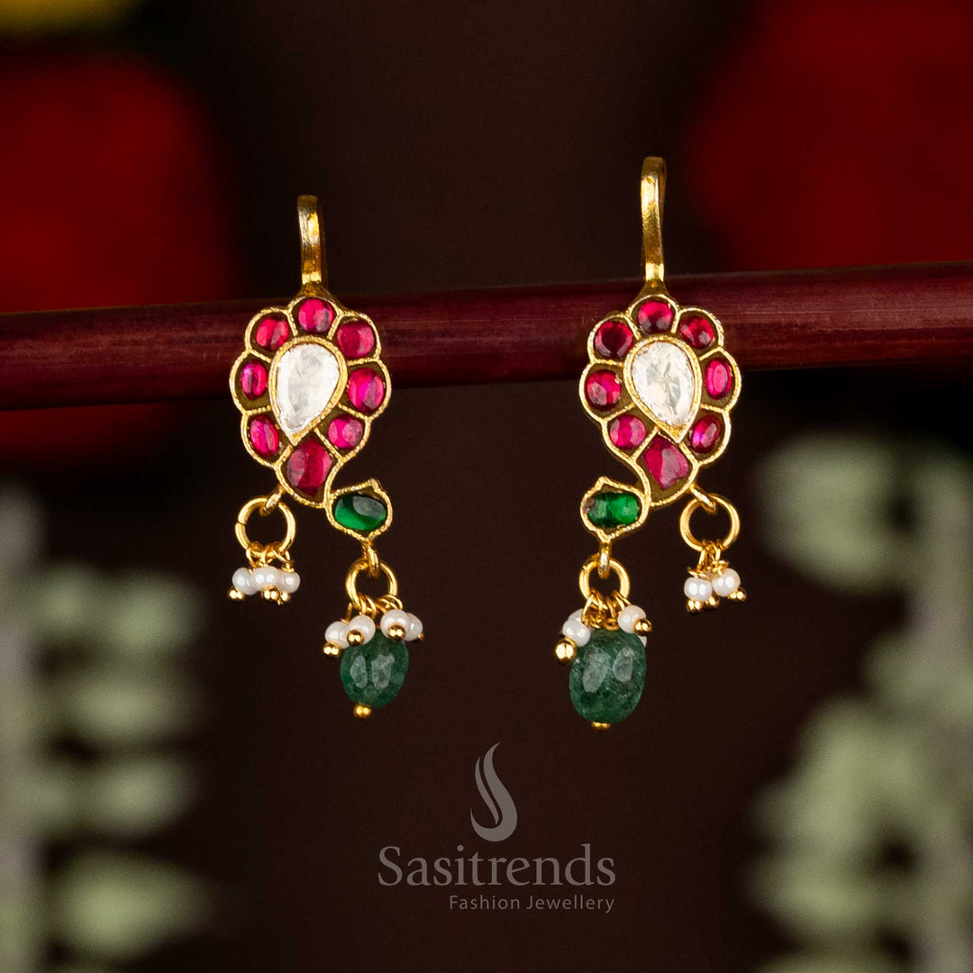 Temple Wear Jadau Earrings with Paisley Kundan Motif - Sasitrends