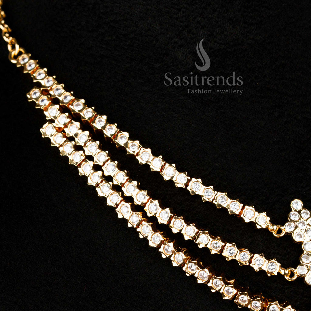 Guaranteed Impon Attigai micro gold plated White AD Stone Panchaloga bridal necklace triple layers - Sasitrends