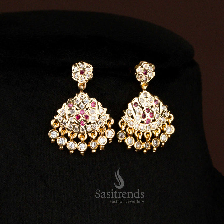 Guaranteed Impon Addigai Micro Gold Plated White Ruby Stones Short Long Combo Necklace And Earrings With Floral Dome Designed For Traditional Wear - Sasitrends