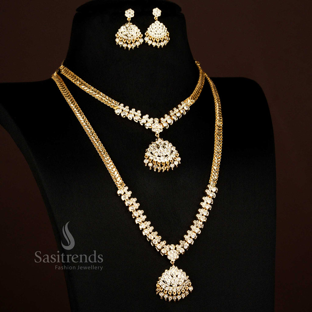 Guaranteed Impon Addigai Micro Gold Plated White Ruby Stones Short Long Combo Necklace And Earrings With Floral Dome Designed For Traditional Wear - Sasitrends