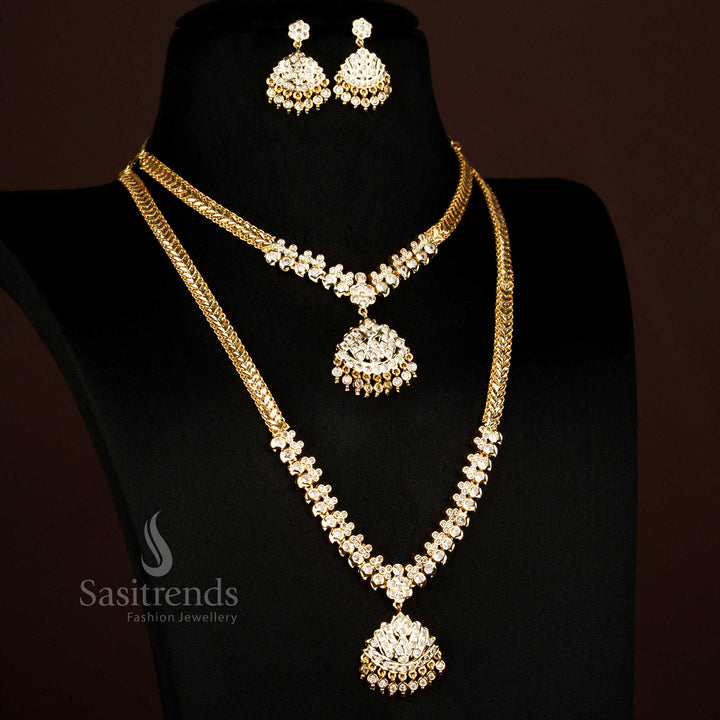 Guaranteed Impon Addigai Micro Gold Plated White Ruby Stones Short Long Combo Necklace And Earrings With Floral Dome Designed For Traditional Wear - Sasitrends