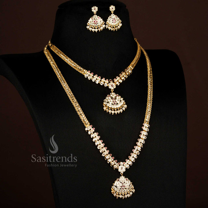Guaranteed Impon Addigai Micro Gold Plated White Ruby Stones Short Long Combo Necklace And Earrings With Floral Dome Designed For Traditional Wear - Sasitrends