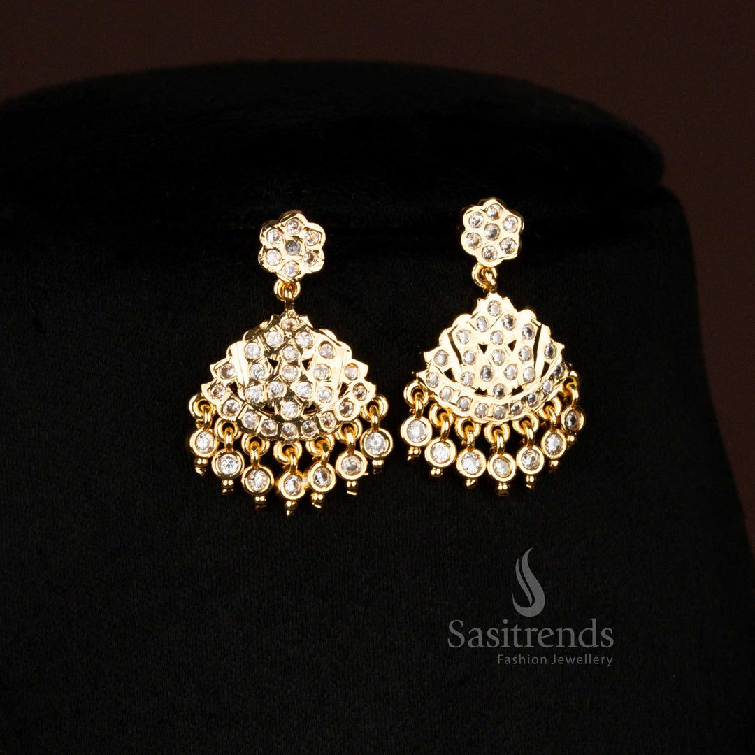 Guaranteed Impon Addigai Micro Gold Plated White Stones Short Long Combo Necklace And Earrings With Floral Dome Designed For Traditional Wear - Sasitrends