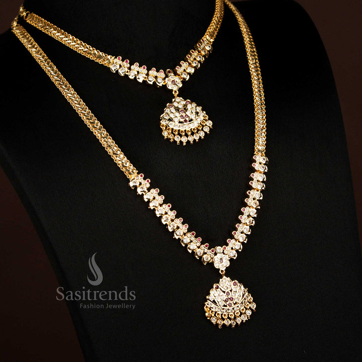 Guaranteed Impon Addigai Micro Gold Plated White Ruby Stones Short Long Combo Necklace And Earrings With Floral Dome Designed For Traditional Wear - Sasitrends