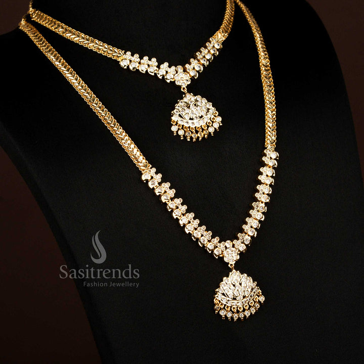 Guaranteed Impon Addigai Micro Gold Plated White Stones Short Long Combo Necklace And Earrings With Floral Dome Designed For Traditional Wear - Sasitrends