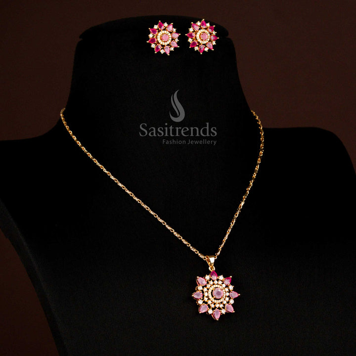 Lavish American Diamond Micro Gold Plated Water Drop Pendant Chain Necklace With Matching Earrings For Festive Style Sasitrends