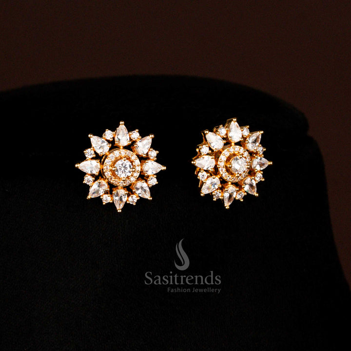 Lavish American Diamond Micro Gold Plated Water Drop Pendant Chain Necklace With Matching Earrings For Festive Style Sasitrends