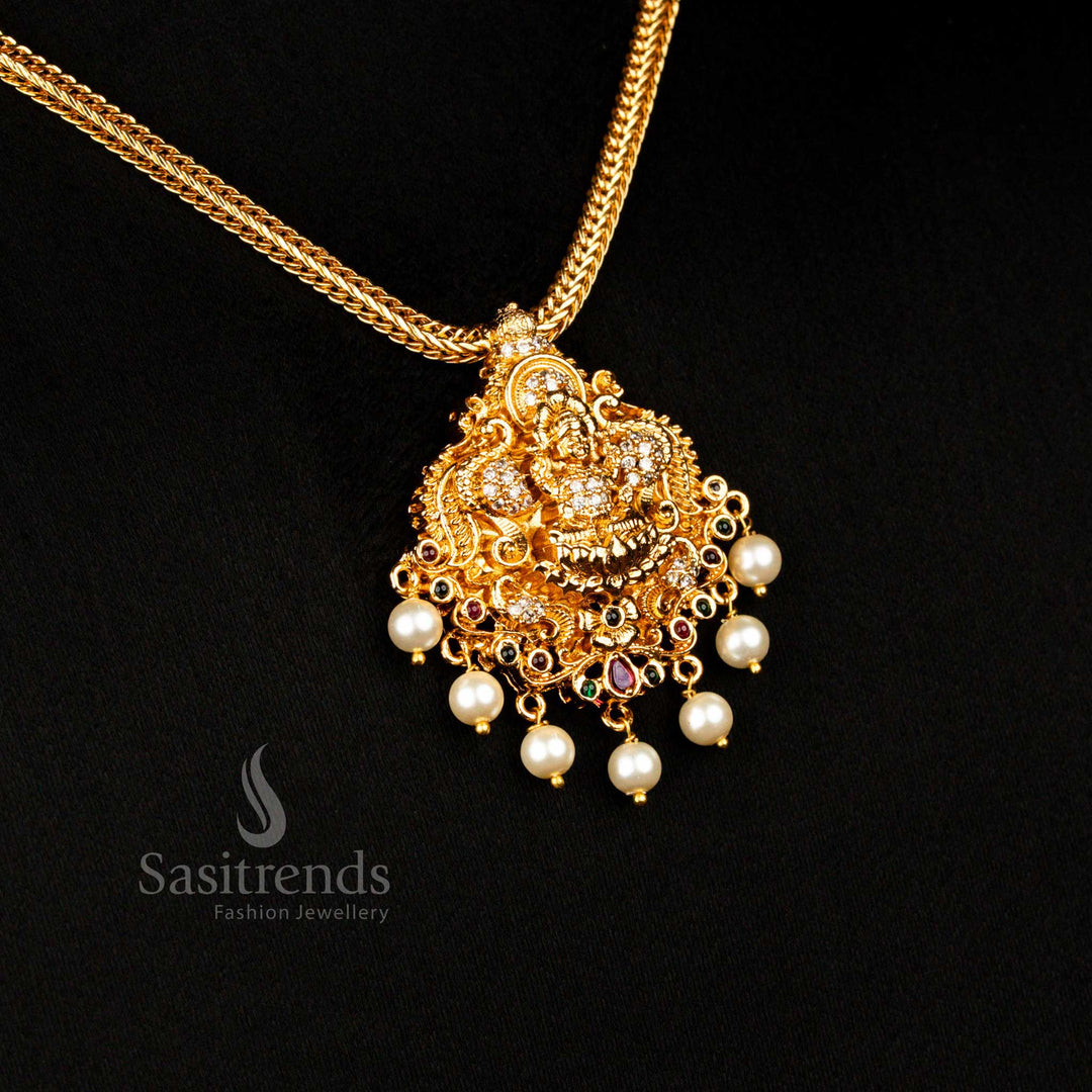 Temple Matte Gold Plated Multi Ad Peacock Lakshmi Pendant Necklace , Bridal Wear - Sasitrends