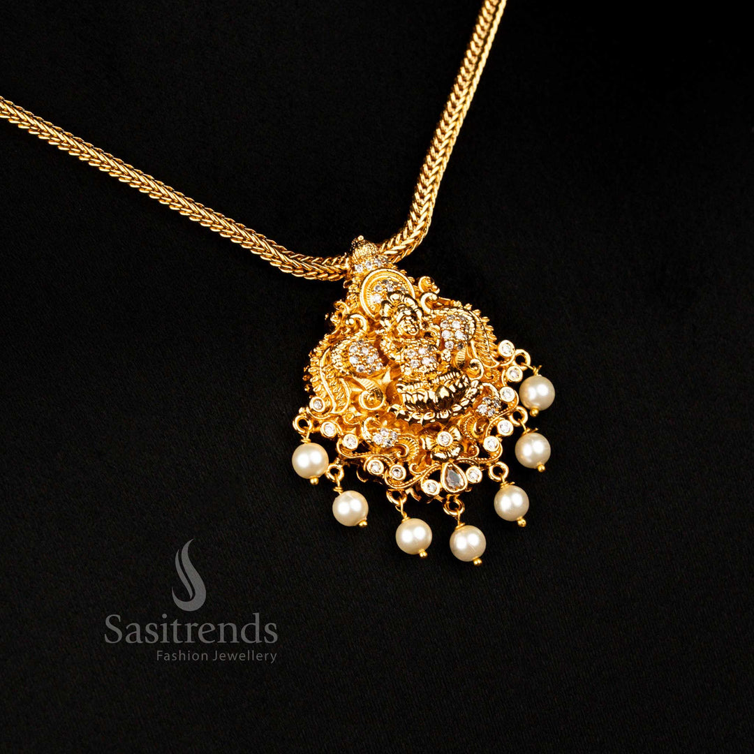 Temple Matte Gold Plated White Ad Peacock Lakshmi Pendant Necklace , Bridal Wear - Sasitrends