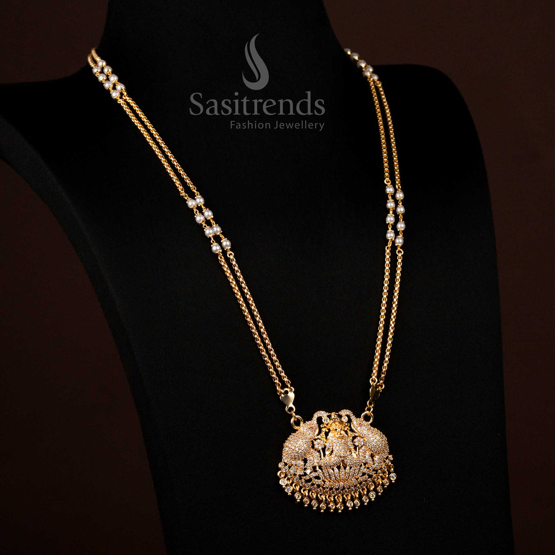 Guaranteed 1 Gram Micro Gold Plated White Ad Lakshimi Long Necklace - Sasitrends