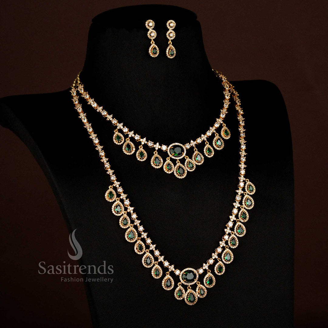 Sasitrends radiant American diamond water drop layered necklace set with earrings for reception wear