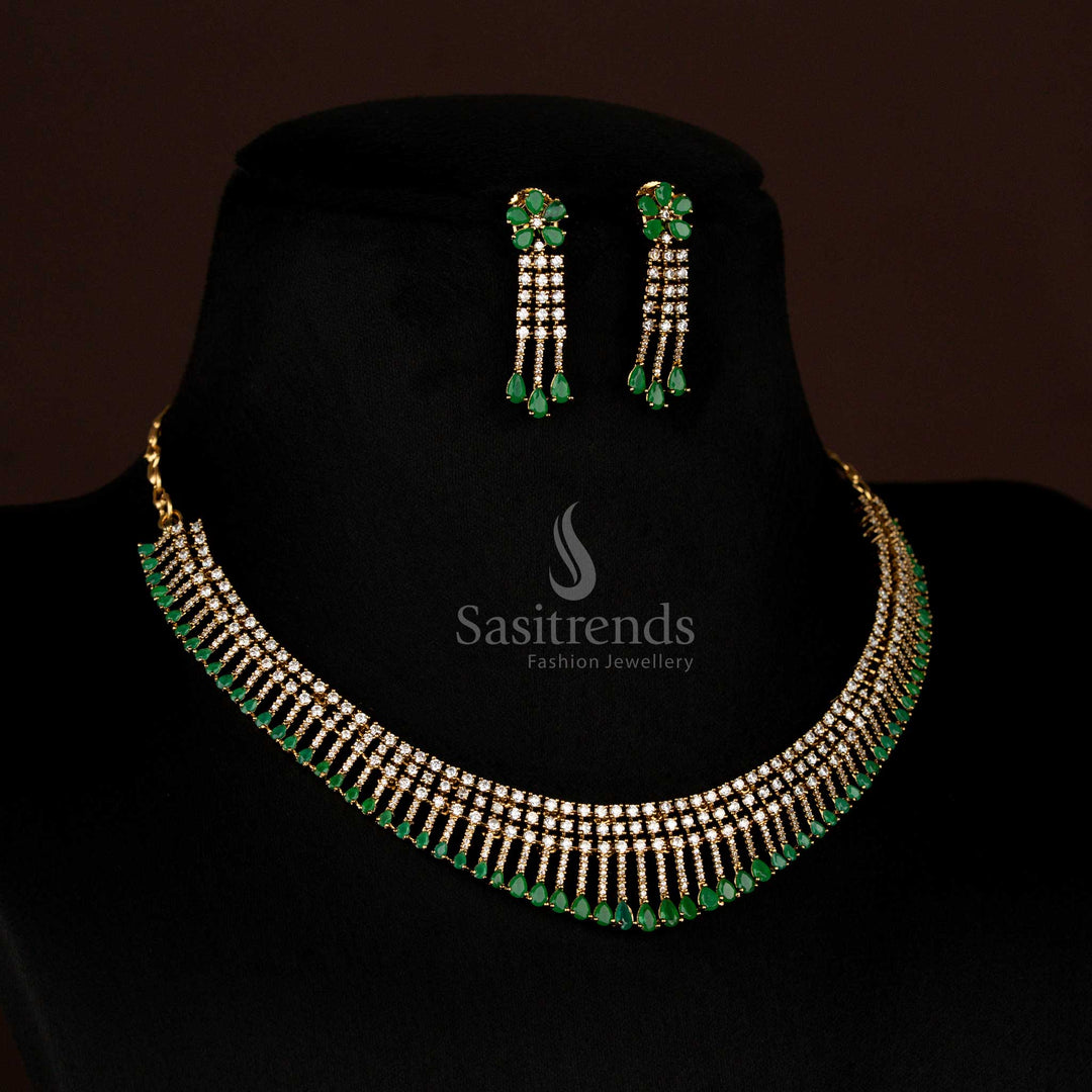 Attractive American Diamond Layered Victorian White Green Necklace with Drop Design and Earrings - Sasitrends