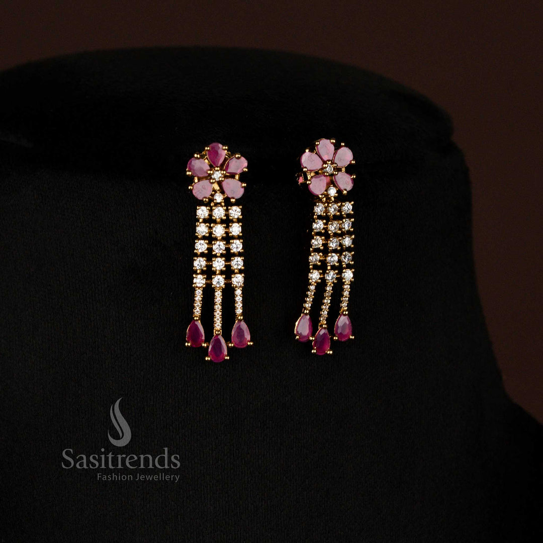 Party Wear Attractive American Diamond Layered Victorian White Ruby Necklace with Drop Design and Earrings - Sasitrends