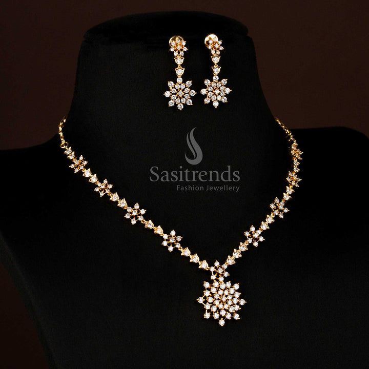 Exquisite Star Flower Design American Diamond Micro Gold Plated Necklace Jewellery Set for Wedding Festive Occasions