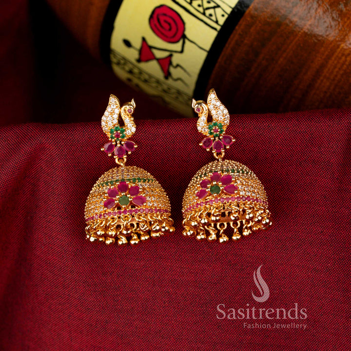 Colourful Multi American Diamond 24K Micro Gold Plated Big Peacock Jhumka Earrings, eye-catching festive jewellery for special occasions – Sasitrends