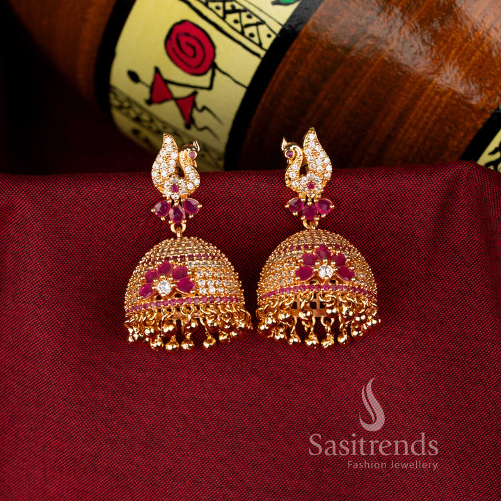 White Ruby Guaranteed American Diamond 24K Micro Gold Plated Big Peacock Jhumka Earrings, grand traditional jewellery perfect for festive and wedding wear – Sasitrends