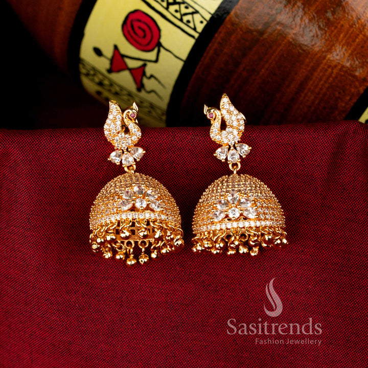 Elegant White American Diamond 24K Micro Gold Plated Big Peacock Jhumka Earrings, luxurious bridal jewellery ideal for special occasions – Sasitrends