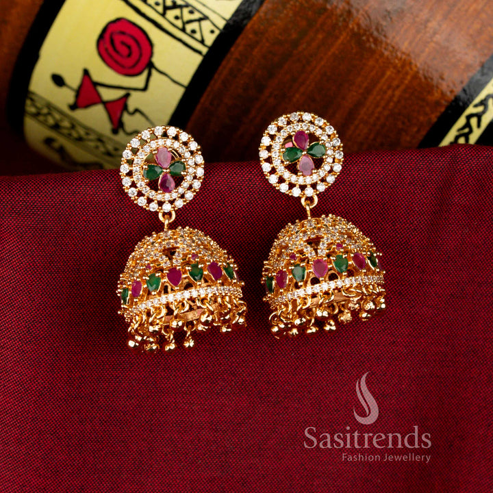Bright Multi Guaranteed American Diamond 24K Micro Gold Plated Big Jhumka Earrings, lively occasion jewellery for parties and wedding functions – Sasitrends