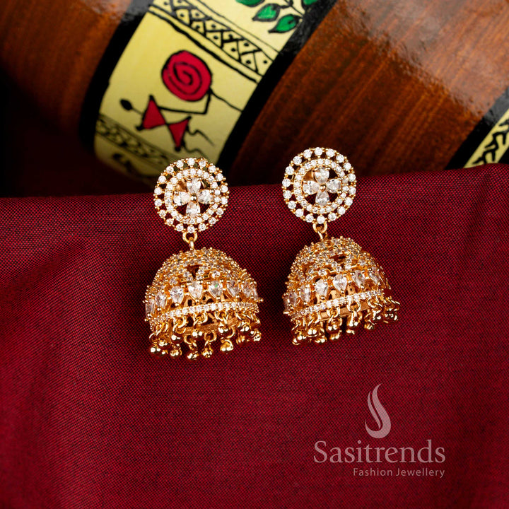 Classic White Guaranteed American Diamond 24K Micro Gold Plated Big Jhumka Earrings, exquisite cultural jewellery for festive gatherings – Sasitrends
