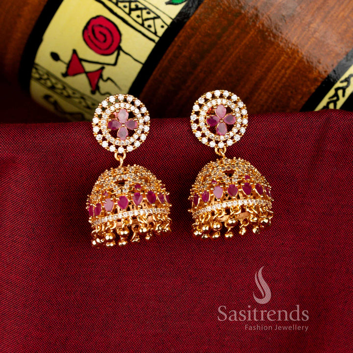 Radiant White Ruby American Diamond 24K Micro Gold Plated Big Jhumka Earrings, captivating festive jewellery for special occasions – Sasitrends