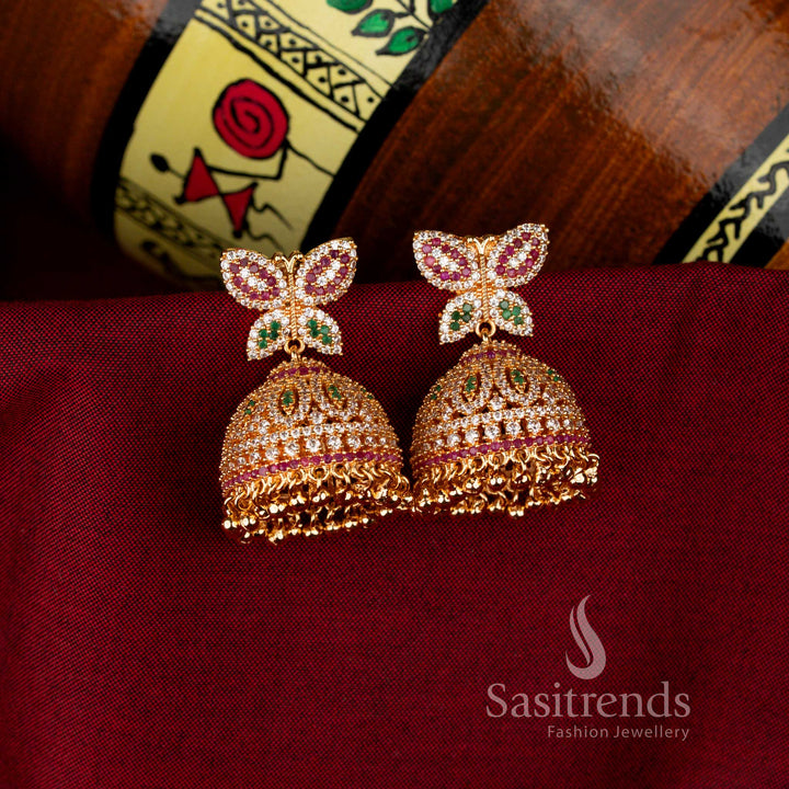 Bright Multi Guaranteed American Diamond 24K Micro Gold Plated Big Butterfly Jhumka Earrings, eye-catching cultural jewellery for parties and celebrations – Sasitrends