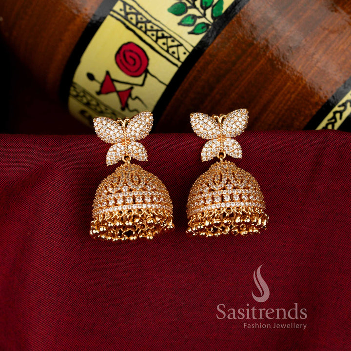 Elegant White American Diamond 24K Micro Gold Plated Butterfly Design Big Jhumka Earrings, stunning bridal jewellery for cultural celebrations – Sasitrends