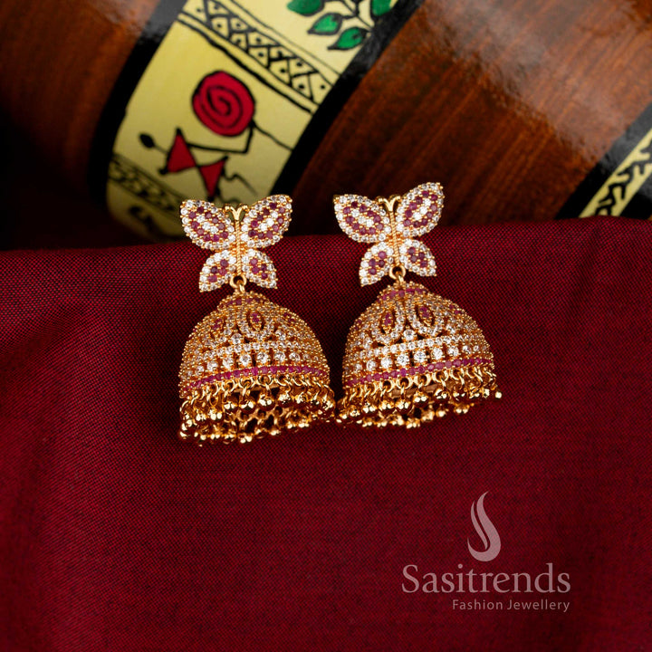 White Ruby Guaranteed American Diamond 24K Micro Gold Plated Big Butterfly Design Jhumka Earrings, elegant traditional jewellery for weddings and parties – Sasitrends