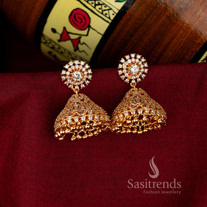 Elegant White American Diamond 24K Micro Gold Plated Round Floral Big Jhumka Earrings, graceful bridal jewellery for cultural celebrations – Sasitrends
