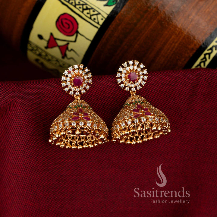 Multi Guaranteed American Diamond 24K Micro Gold Plated Big Round Floral Jhumka Earrings, vibrant traditional jewellery for weddings and festivals – Sasitrends